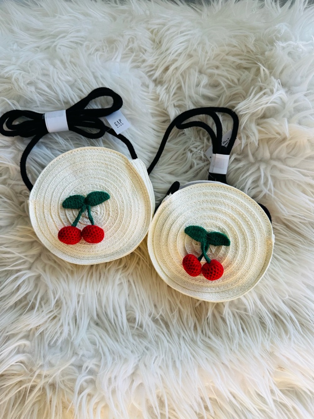 GAP Kids Cream Straw Crossbody Bag with Red Cherry Appliqué and Black Strap
